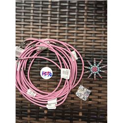 DISCOUNT JEWELER LOT OF 4/10 PINK ROPE NECKLACE,COWGIRL PENDANT,SPUR PENDANT,CROSS PENDANT