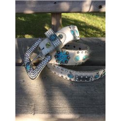 WHITE HAIR ON HIDE GENUINE WESTERN LEATHER BELT/ TURQUOISE  CONCHOS/SISE SMALL