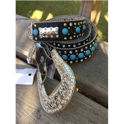 BLACK GENUINE WESTERN LEATHER BELT/ TURQUOISE  STUDS/SIZE XL