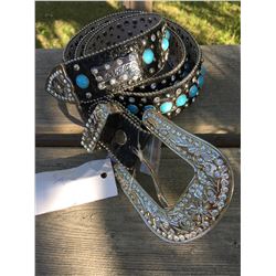 BLACK GENUINE WESTERN LEATHER BELT/ TURQUOISE  STUDS/SIZE L