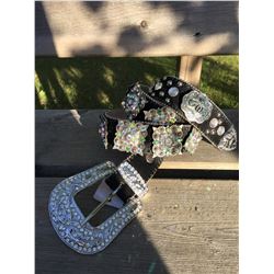 BLACK GENUINE WESTERN LEATHER BELT/ SHIMMER SQUARE CONCHOS /SIZE MED