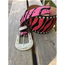 WIDE PINK ZEBRA PRINT HAIR ON HIDE LEATHER BELT/ STUDDING AROUND EDGES/SIZE XL