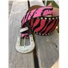Image 1 : WIDE PINK ZEBRA PRINT HAIR ON HIDE LEATHER BELT/ STUDDING AROUND EDGES/SIZE XL