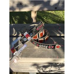 THIN BLACK LEATHER BELT/ HOT PINK SQUARE STONES/ SIZE XL