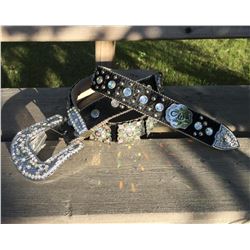 BLACK GENUINE WESTERN LEATHER BELT/ SHIMMER SQUARE CONCHOS /SIZE LARGE