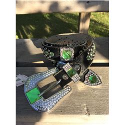 BLACK LEATHR BELT/ GREEN CRYSTAL SQUARE CONCHOS/SIZE MEDIUM