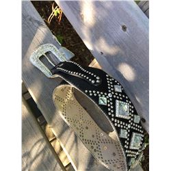 WIDE BLACK HAIR ON HIDE LEATHER BELT/  CLEAR SQUARE CRYSTAL CONCHOS/SIZE SMALL