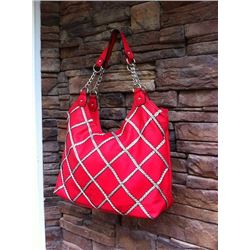 RED HANDBAG WITH SILVER BRAIDED ACCENT