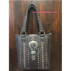 DARK COFFEE BROWN LARGE WESTERN PURSE/PINK STUDDED ACCENTS ON FRONT