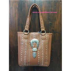 TAN BROWN LARGE WESTERN PURSE/PINK STUDDED ACCENTS ON FRONT