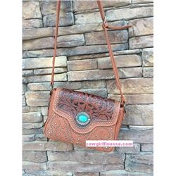 TAN BROWN WESTERN PURSE/TURQUOISE STONE ACCENT ON FRONT