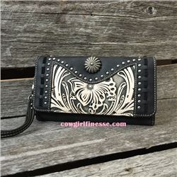 BLACK AND CREAM TOOLED WESTERN  TRIFOLD WALLET