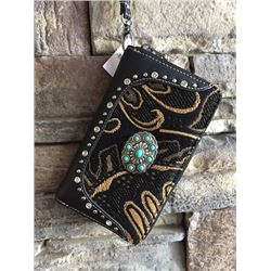 BLACK AND TAN PAISLEY PATTERN ZIPPER WALLET