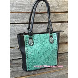 BLACK AND TURQUOISE TOOLED HANDBAG/ DOUBLE STRAPS/CONCHO ACCENTS ON STRAPS