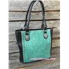 Image 1 : BLACK AND TURQUOISE TOOLED HANDBAG/ DOUBLE STRAPS/CONCHO ACCENTS ON STRAPS