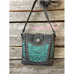 BLACK AND TURQUOISE TOOLED MESSENGER PURSE/CONCHO ACCENTS ON FRONT
