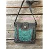 Image 1 : BLACK AND TURQUOISE TOOLED MESSENGER PURSE/CONCHO ACCENTS ON FRONT