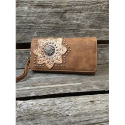 TAN AND FLOWER  TOOLED ACCENT WESTERN TRIFOLD WALLET