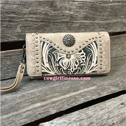 CREAM TOOLED WESTERN TRIFOLD WALLET