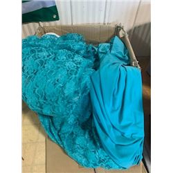BOX OF TURQUOISE MATERIAL/ LACE AND STRETCH FABRIC/ ENOUGH TO MAKE 3 INFINITY LONG DRESSES with misc
