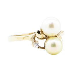 0.08 ctw Diamond and 7mm Round Cultured Pearl Ring - 14KT Yellow Gold