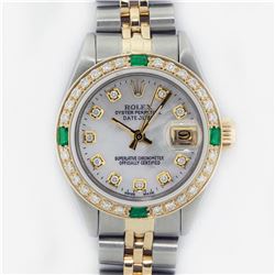 Rolex Ladies 2 Tone MOP Diamond & Emerald Datejust Wristwatch