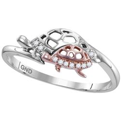 Sterling Silver Round Diamond Rose Turtle Animal Band Ring 1/20 Cttw