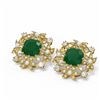 Image 3 : 12.23 ctw Emerald & Diamond with Pearl Earrings 18K Yellow Gold