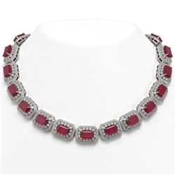 137.65 ctw Certified Ruby & Diamond Victorian Necklace 14K White Gold