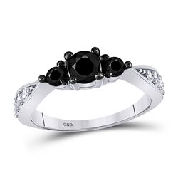 10kt White Gold Round Black Color Enhanced Diamond 3-stone Bridal Wedding Engagement Ring 1.00 Cttw