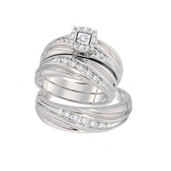 10k White Gold Round Diamond Mens Matching Trio Wedding Engagement Bridal Ring Band Set