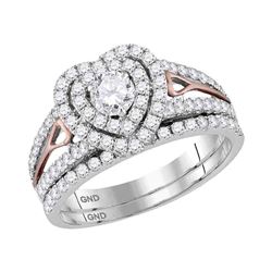14kt Two-tone Gold Round Diamond Heart Bridal Wedding Engagement Ring Band Set 1-1/5 Cttw