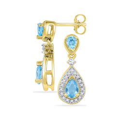 10kt Yellow Gold Pear Lab-Created Blue Topaz Dangle Diamond Earrings 1-1/2 Cttw