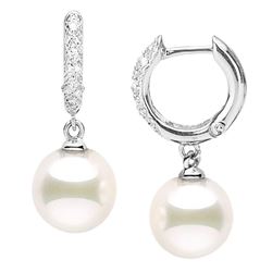 White Japanese Akoya Pearl and Diamond Pave Hoop Earrings
