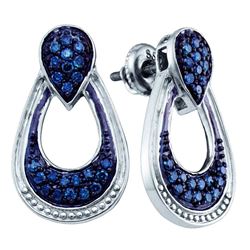 Sterling Silver Round Blue Color Enhanced Diamond Door Knocker Dangle Earrings 5/8 Cttw