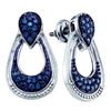 Image 1 : Sterling Silver Round Blue Color Enhanced Diamond Door Knocker Dangle Earrings 5/8 Cttw