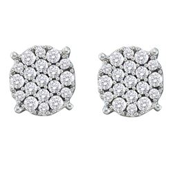 14kt White Gold Round Pave-set Diamond Flower Cluster Earrings 1/2 Cttw