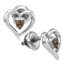 Sterling Silver Round Brown Diamond Heart Earrings 1/12 Cttw