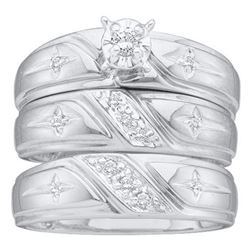 10kt White Gold His & Hers Round Diamond Solitaire Cross Matching Bridal Wedding Ring Band Set 1/6 C