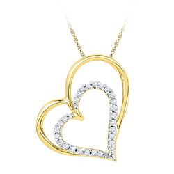 10kt Yellow Gold Round Diamond Double Heart Outline Pendant 1/8 Cttw