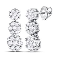 14kt White Gold Round Diamond Triple Vertical Flower Cluster Earrings 1.00 Cttw