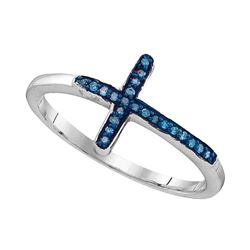 Sterling Silver Round Blue Color Enhanced Diamond Cross Fashion Ring 1/20 Cttw