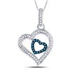 Image 1 : 10kt White Gold Round Blue Color Enhanced Diamond Nested Heart Pendant 1/6 Cttw