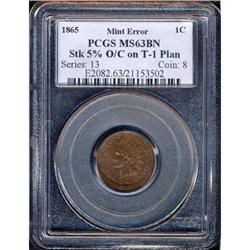 1865 Indian Head 1C. Plain 5. Mint Error. PCGS MS63 BR
