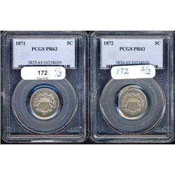 Lot of Two Proof Shield Nickels: 1871 and 1872