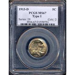 1913-D Buffalo 5C. Type 1 PCGS MS67