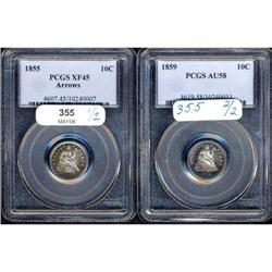 Lot of Two Dimes: 1855 Arrows and 1859