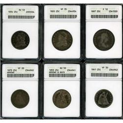 Lot of Six Bust and Seated Quarter Dollars