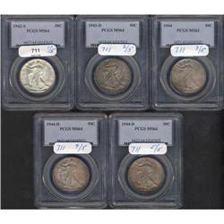 Lot of Five Walking Liberty Half Dollars
