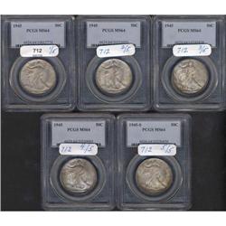 Lot of Five Walking Liberty Half Dollars